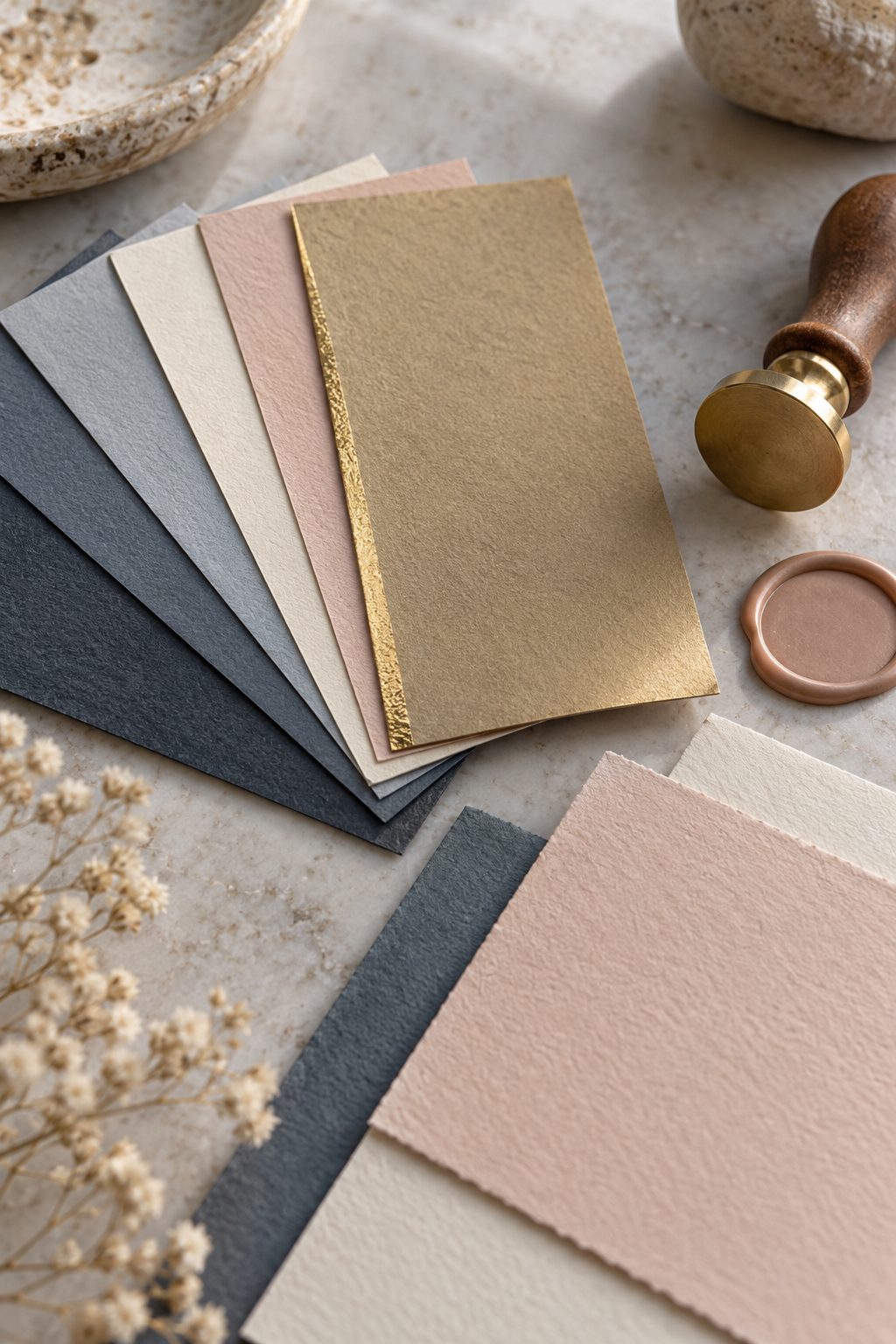 Fanned paper swatches in slate, ivory, blush and gold beside a brass wax seal stamp