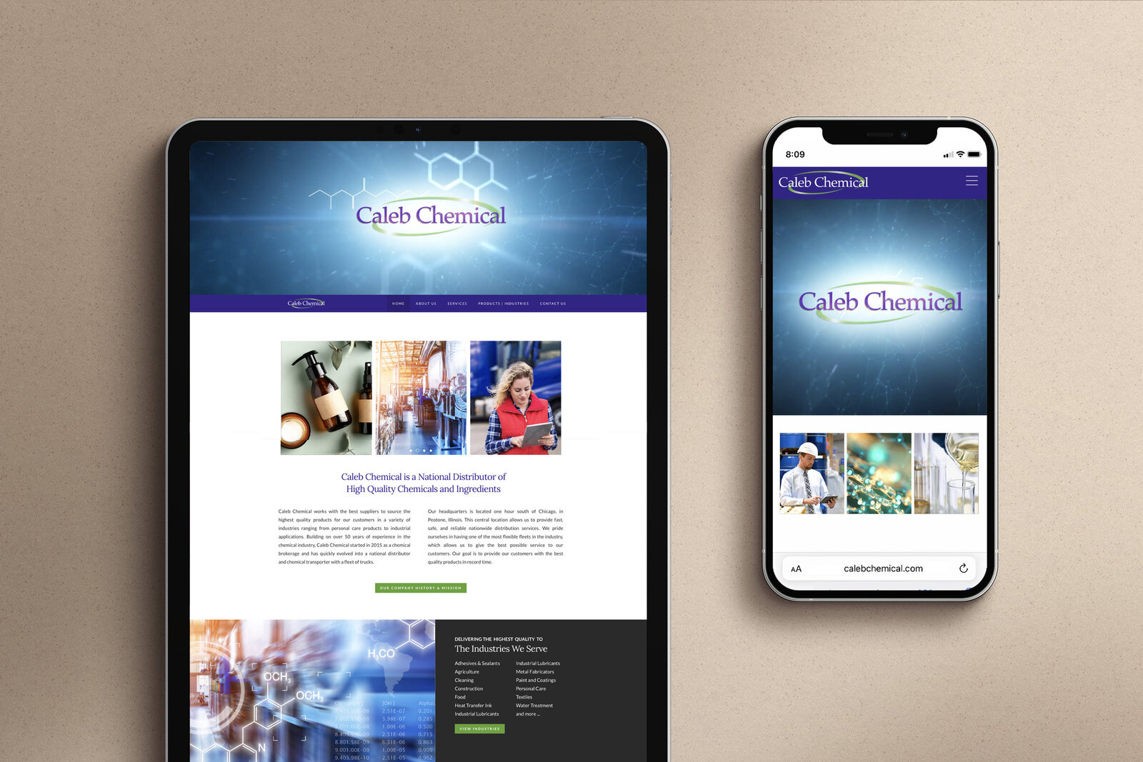 Caleb Chemical website on a tablet and phone