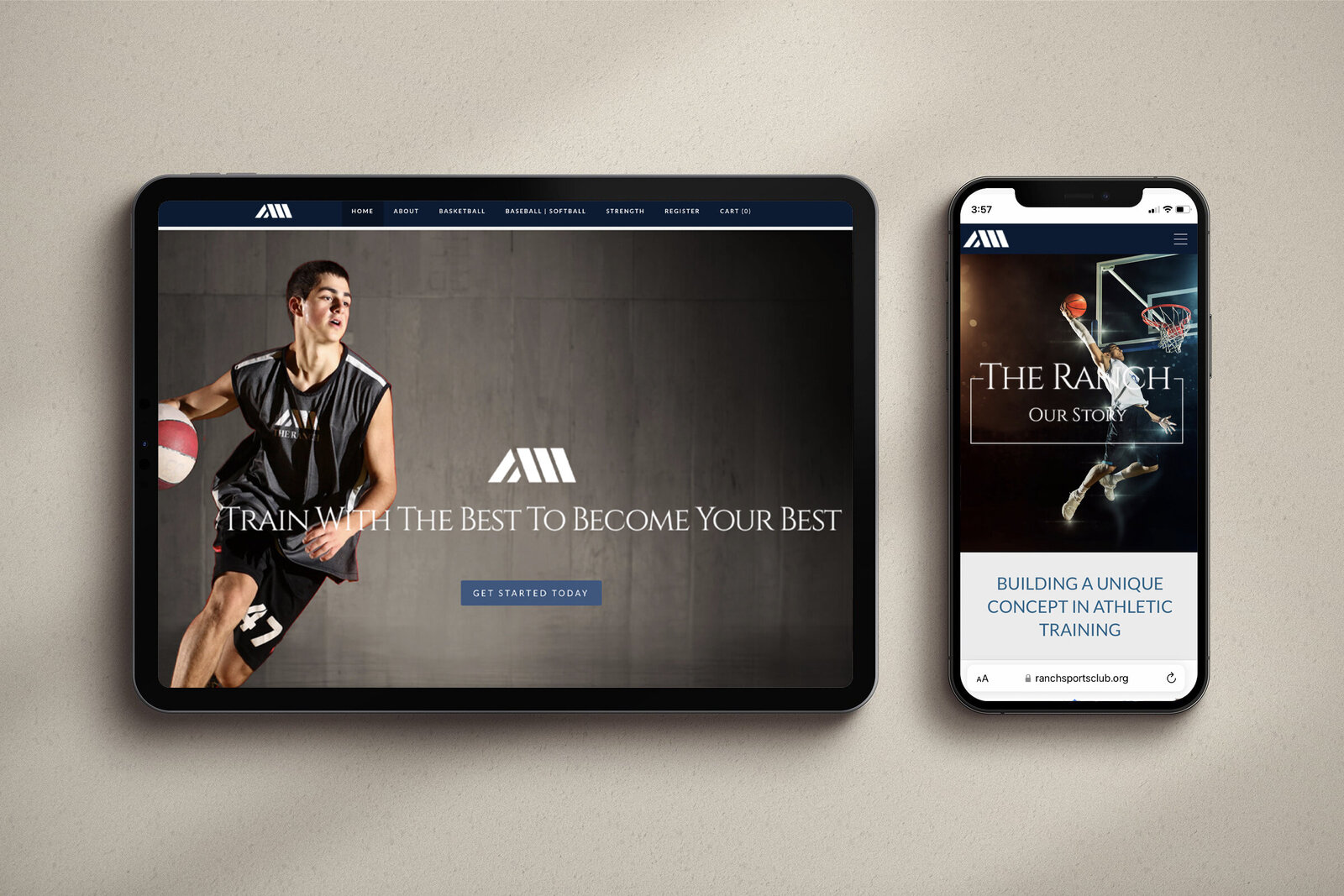 The Ranch Sports Club website on a tablet and phone, featuring a basketball player