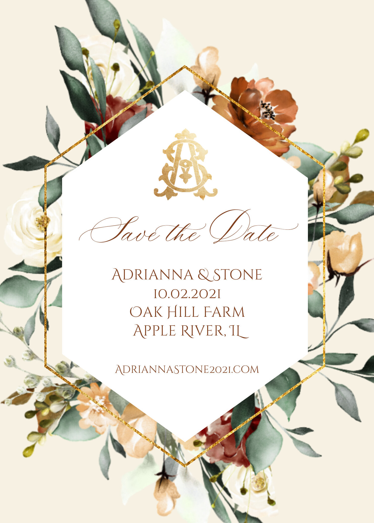 Save the date card with gold monogram and autumn florals