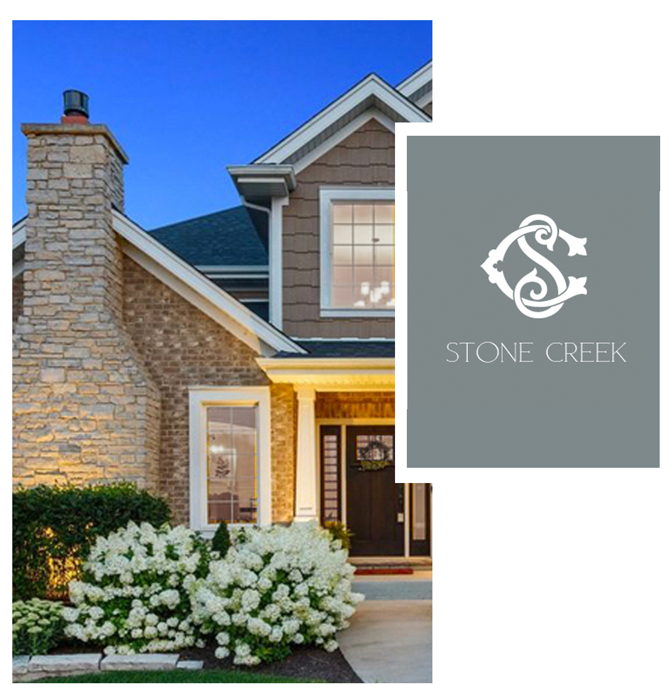 Stone Creek monogram beside a stone and brick home with white hydrangeas