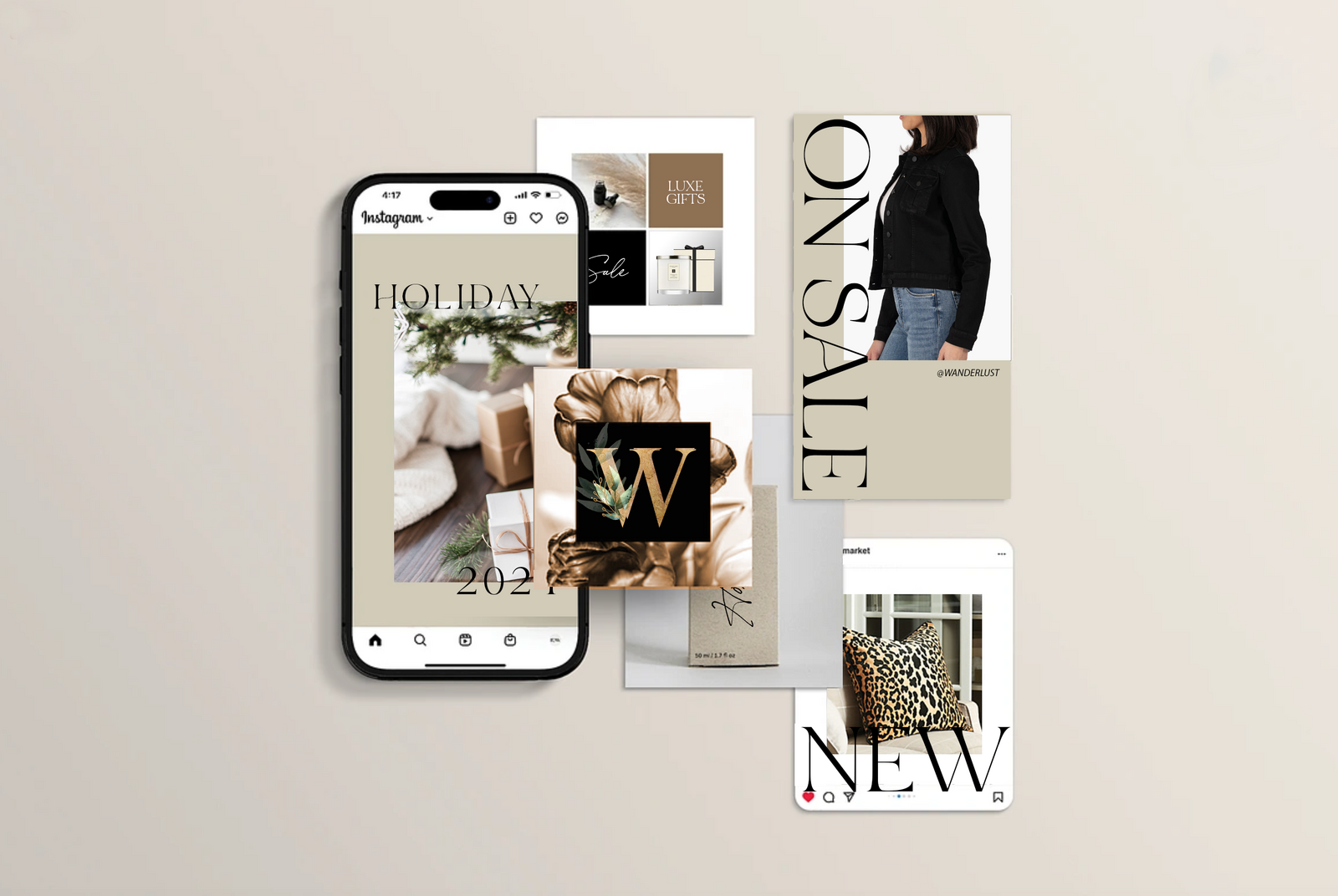 Wanderlust Instagram feed and sale post designs on a phone