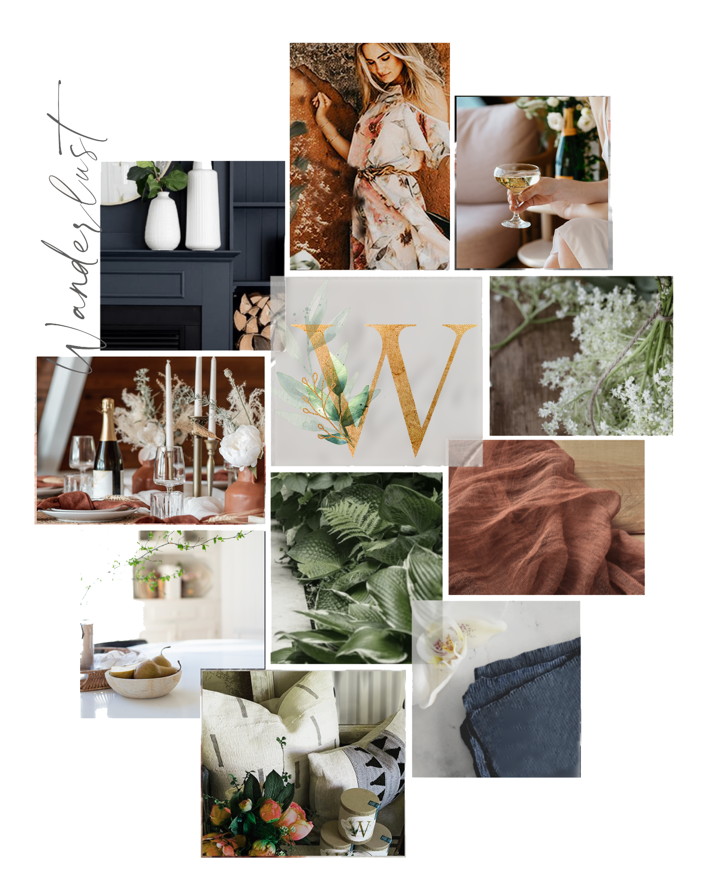 Wanderlust mood board in rust, sage and gold tones
